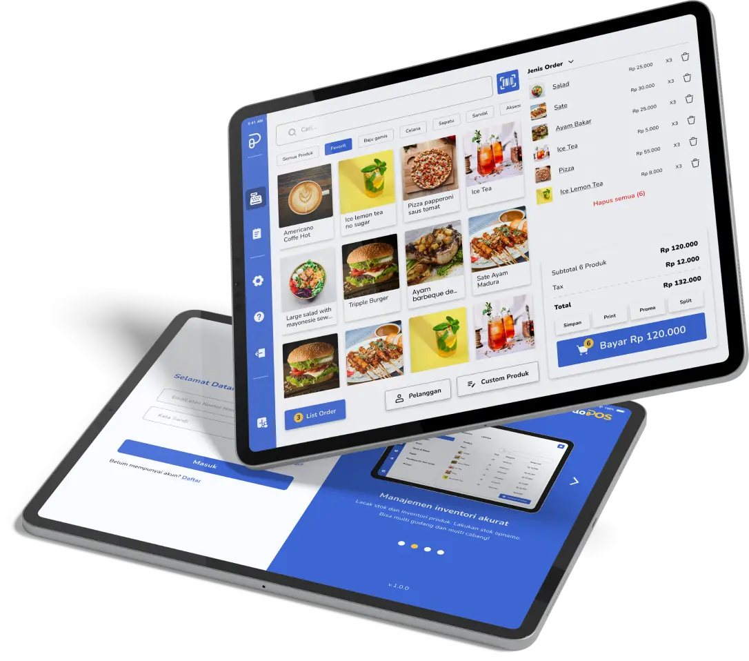 Tampilan aplikasi Kledo POS di tablet dan smartphone